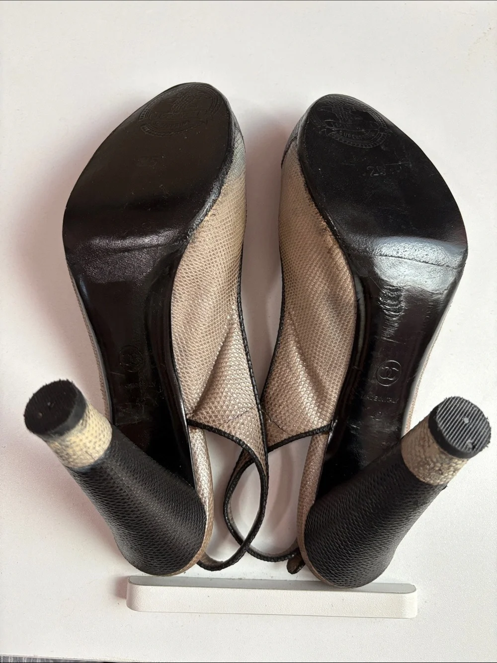 CHANEL Beige and Black Leather Slingback Pumps with CC Medallion